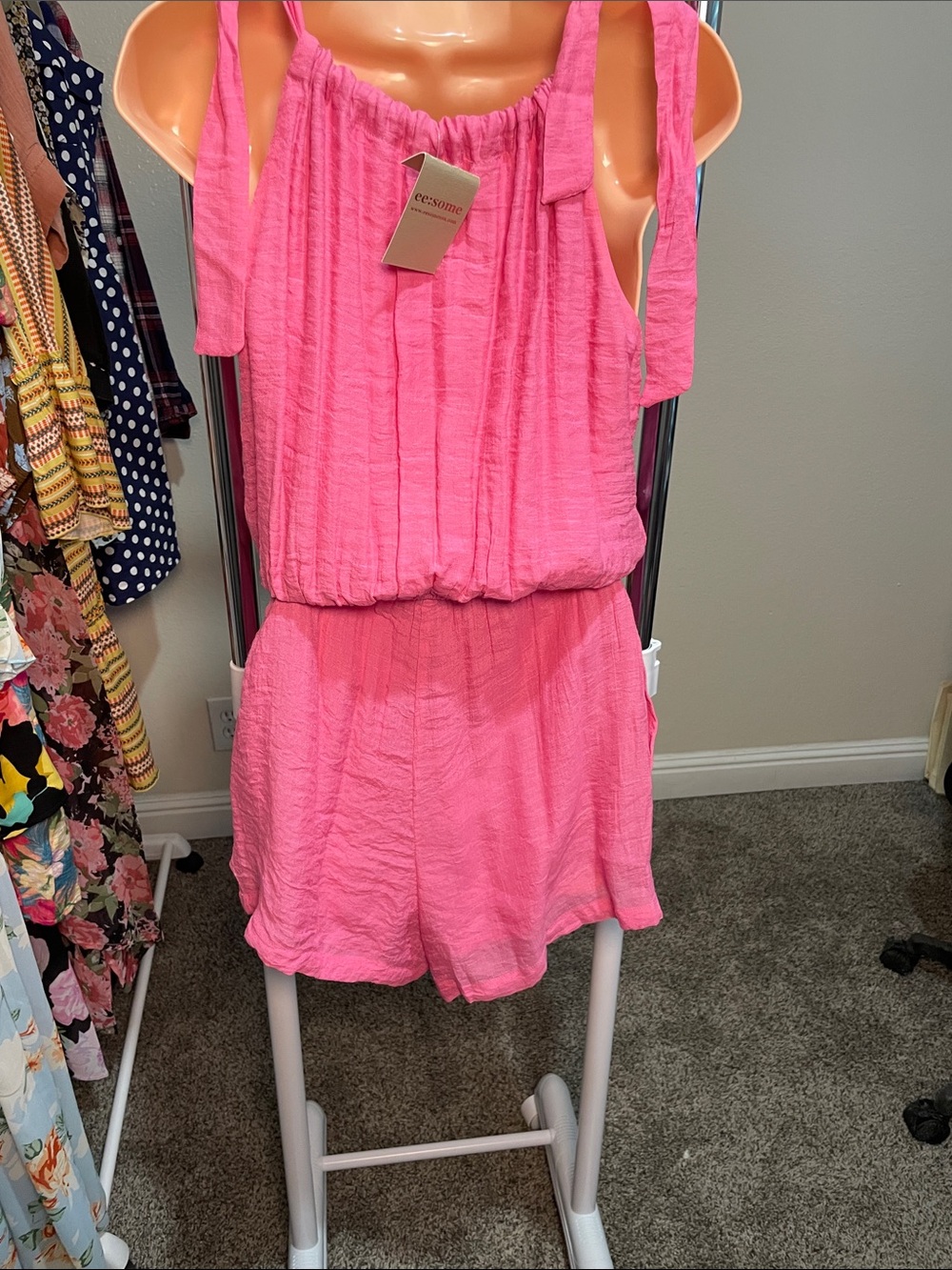eesome Pink Tie-Shoulder Romper - Picture 6 of 8